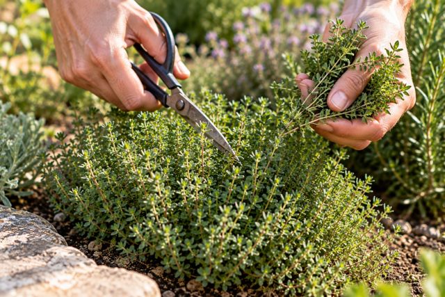 Snipping thyme sprigs