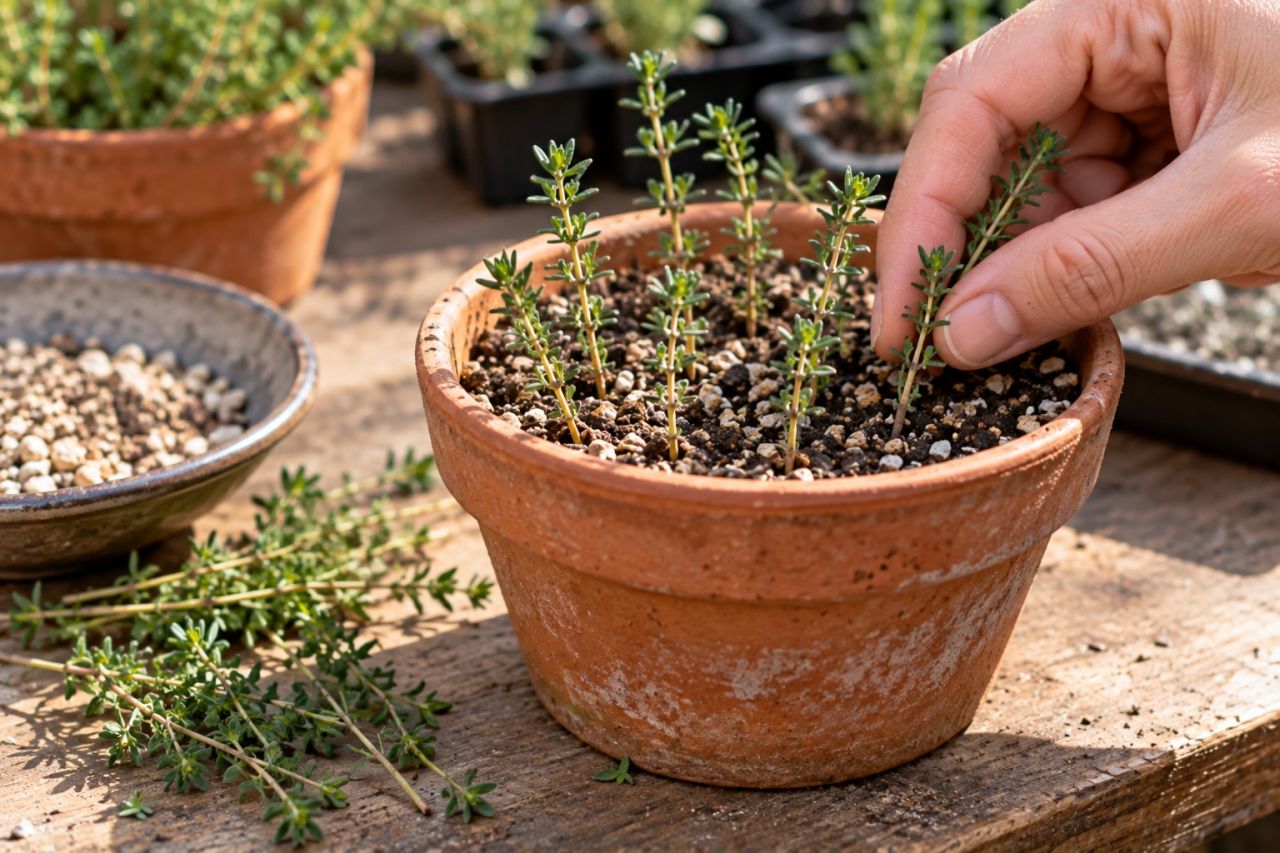 Thyme cuttings in a pot of gritty compost