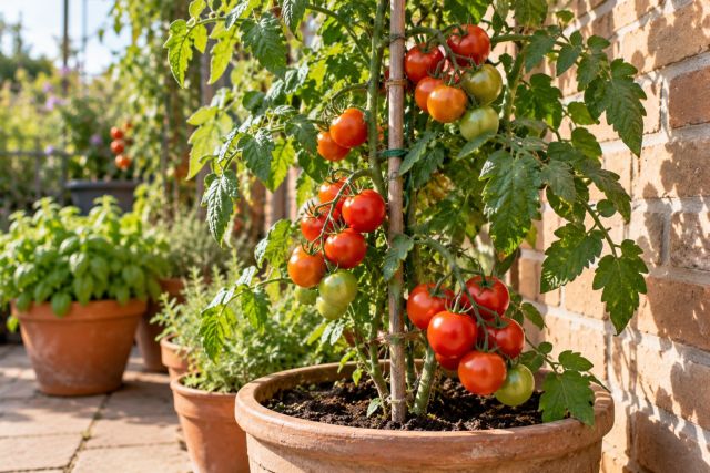 A tomato plant fruiting in a large pot on a patio