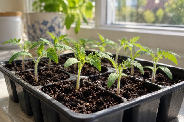 Tomato seedlings with their first true leaves in a seed tray on a sunny windowsill