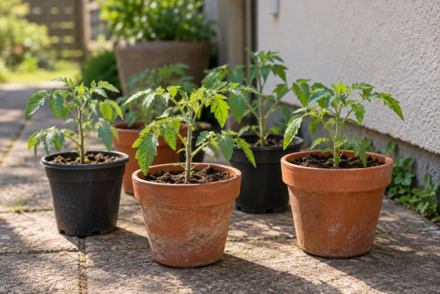 Young tomato plants in pots hardening off on a sheltered patio