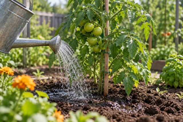 Watering a tomato plant at the base