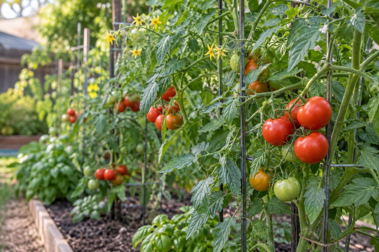 Tomatoes growing in a garden