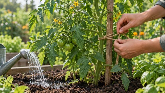 A tomato plant being watered and tied to a wooden support