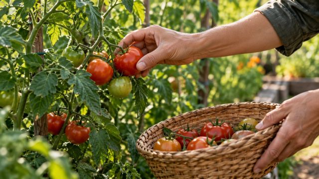 Ripe tomatoes being picked into a woven basket