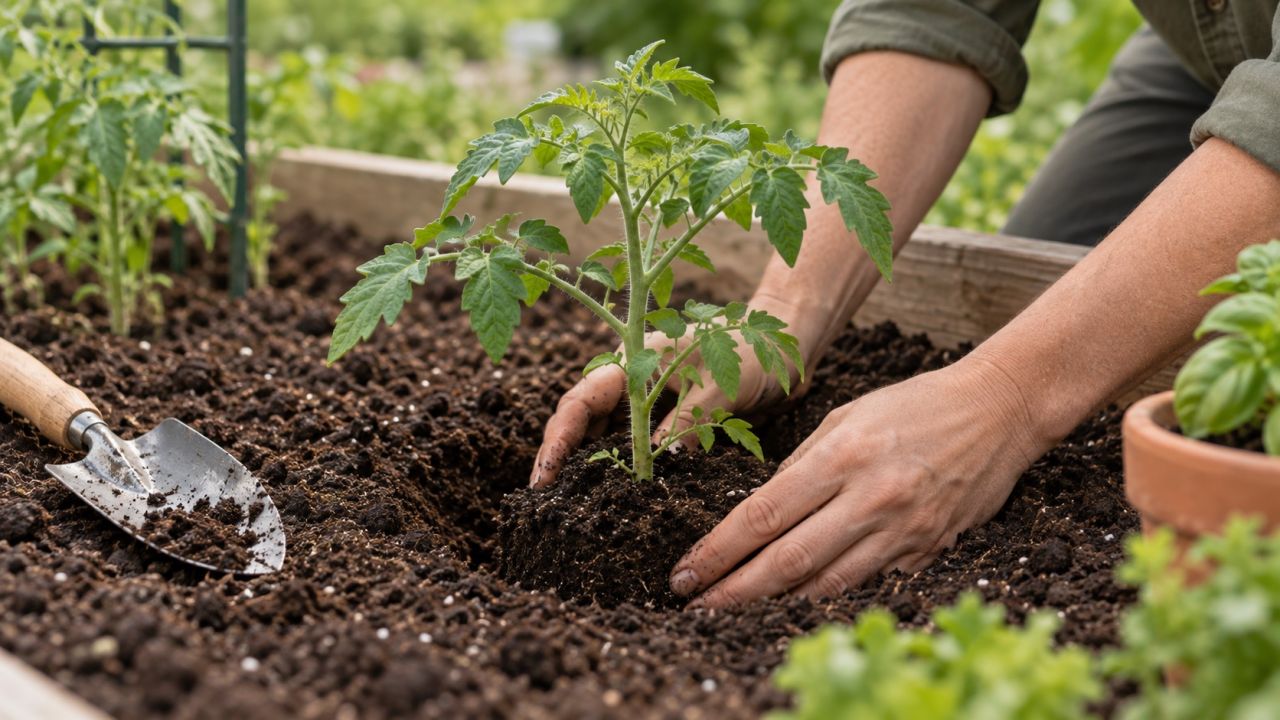 Hands planting a young tomato plant in a raised bed