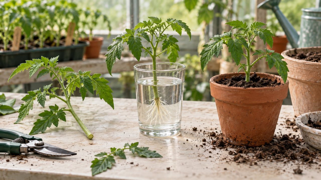 A tomato cutting rooting in water beside a newly potted cutting