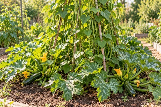 Zucchini growing below climbing beans
