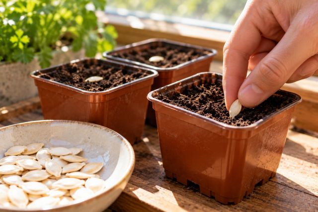 Sowing a zucchini seed on its side