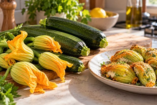 Zucchini and stuffed flowers in the kitchen