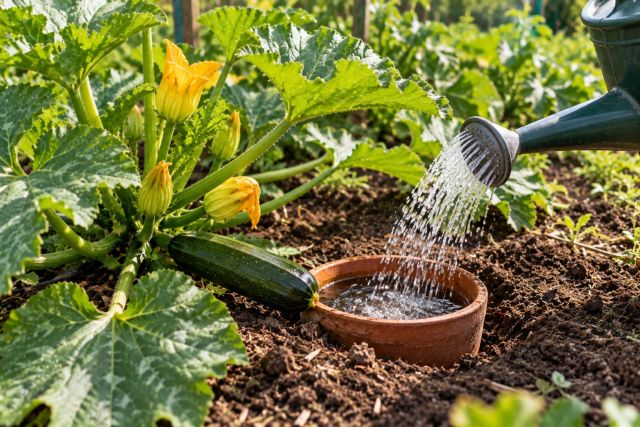 Watering into a pot sunk beside a zucchini