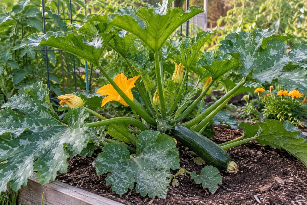 Zucchini growing in a garden