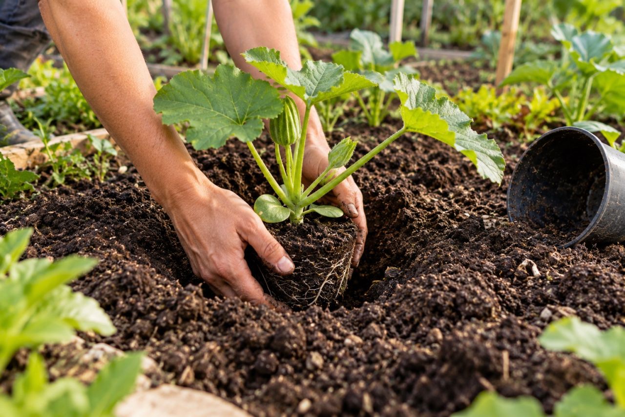 Planting a young zucchini into a compost-rich pit